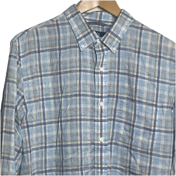 1901 Mens Trim Fit Plaid Button Down Shirt Blue Tan Long Sleeve Size Large L - Picture 1 of 5
